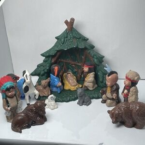 Native American Kimple Nativity Set Hand painted With Woodland Cloche 15 Pieces